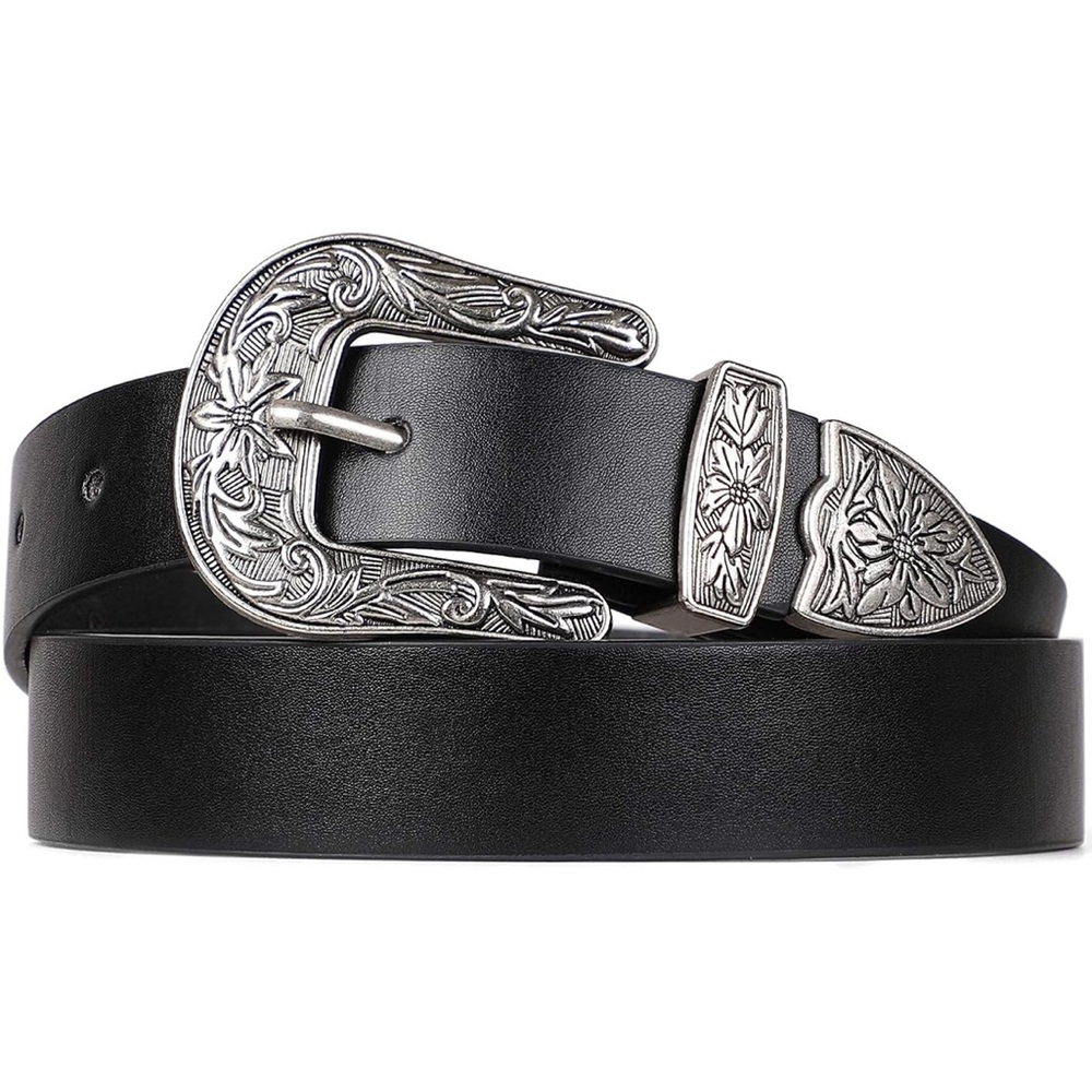 Black Leather Belt with Silver Buckle